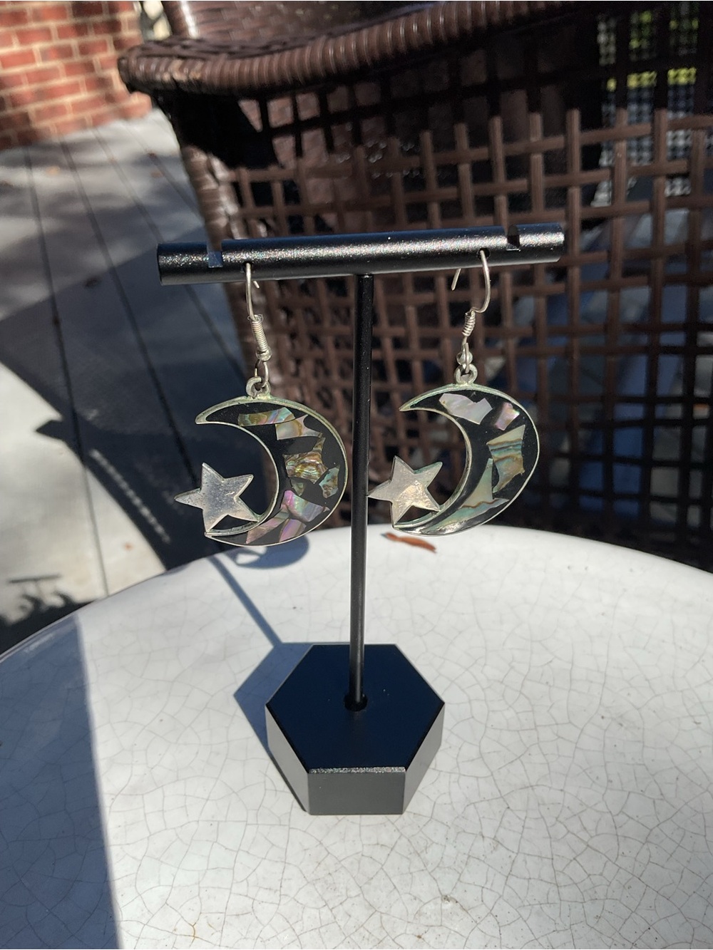 Vintage Silver Onyx/Abalone Crescent Moon & Star Drop Earrings marked Mexico